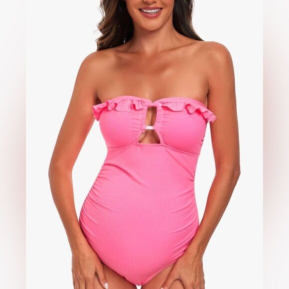 EastElegant Maternity Ruffle Ribbed One Piece Square Ring Linked Suit yellow - Picture 6 of 7